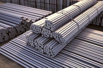 stacked steel round bars in warehouse with industrial atmosphere and photorealistic 3d rendering for construction and material design