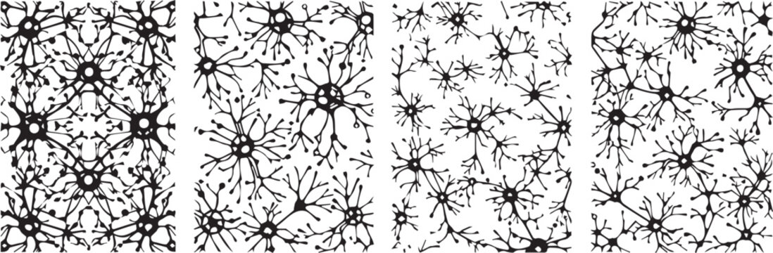 Black Neuron Network Patterns on White Background