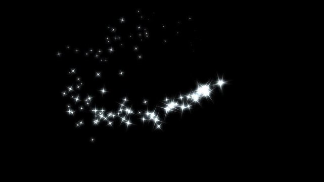 Magic glitter star line fast motion trail, white glittering blinking stars, flat vector doodle sparkle, fairy dust wand glitter stars trail transition on black screen, glitter particles background, 4K
