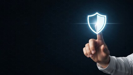 Shield Touch Cybersecurity Protection Interface on dark polygonal background.
