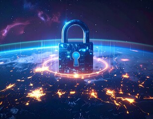 Digital image depicts a glowing padlock floating over a nighttime Earth, enclosed by an illuminated ring, with a nebula in space
