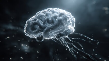 Abstract Brain Illustration Glowing Against Dark Background with Particles and Depth of Field Effect