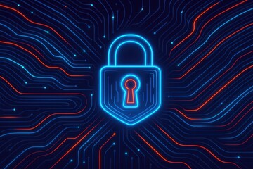 Digital padlock glowing neon circuit board abstract security concept, cyber safety, protection.