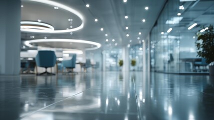 Bright modern office interior with futuristic ceiling lights and clean open space