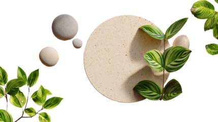 Nature's Harmony: A minimalist composition showcasing the beauty of natural elements, with smooth stones and verdant leaves gracefully arranged around a central circle.