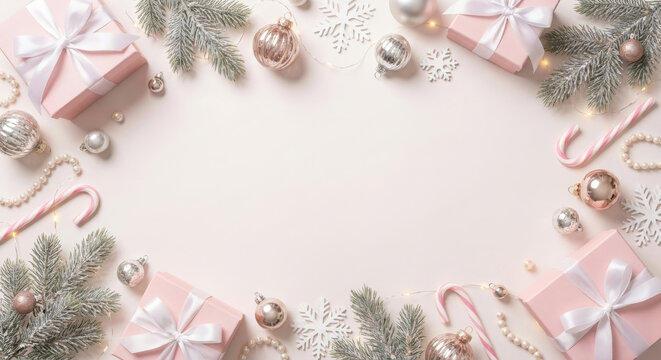 Pastel Pink Christmas Flat Lay Background with Rose Gold Gift Boxes, Snowflakes, and Ornaments - Elegant Holiday Shopping Frame