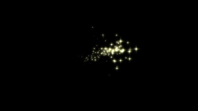 Magic golden sparkles, glitter line stars, glowing doodle stars, white twinkling particles, magic sparkling, shimmer effect overlay on black screen background.