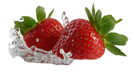 Freshness Burst: Two vibrant strawberries are caught mid-splash, adorned with water droplets in an artistic display, showcasing nature's juicy sweetness