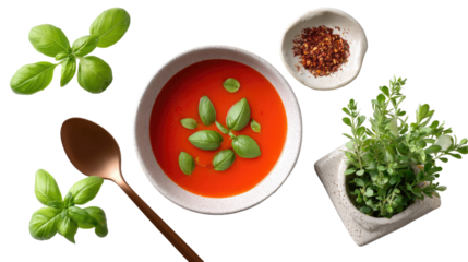 Tomato Soup with Herbs: A culinary still life showcases a vibrant bowl of tomato soup, adorned with fresh basil leaves. Complemented by a scattering of chili flakes, a sprig of oregano.