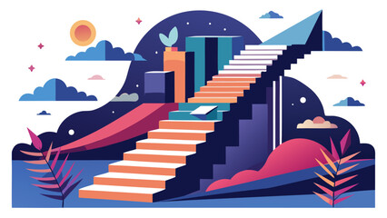 3D illustration of businessman climbing success staircase in futuristic digital landscape with growth and innovation concepts © Mdfahad