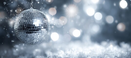 Disco party ball on winter snow Christmas background. Generative AI technology.