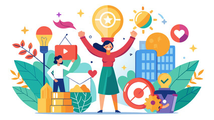 Fototapeta premium Creative businesswoman celebrating success with diverse team in vibrant cityscape illustration
