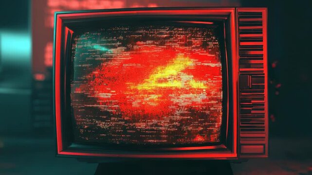 Retro television exploding with red digital glitch effect