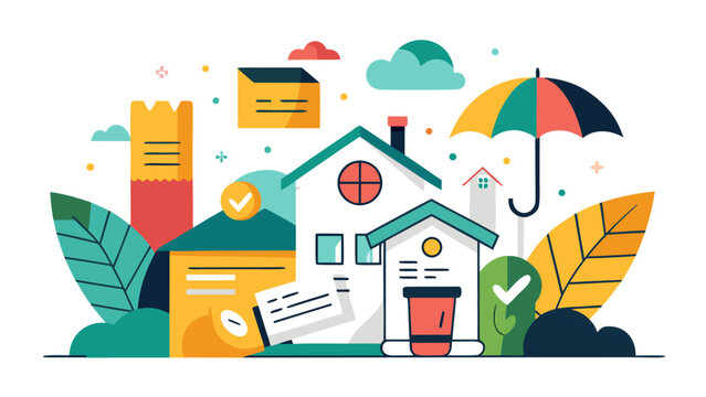 Flat design home insurance concept with house, documents, and weather protection icons on pastel background