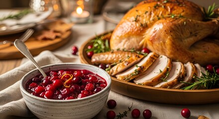 Deliciously carved roasted turkey with cranberry sauce a festive holiday feast