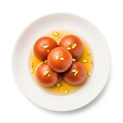 Aerial view of gulab jamun, a popular indian dessert, isolated on white background, garnished with pistachios and saffron, served in a white bowl