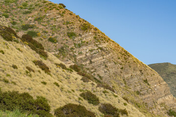 ( Tt ) Topanga Canyon Formation ( bedded sillstone, shale and sandstone). Mugu Canyon Rest Area, California State Route 1,  Pacific Coast Highway. Santa Monica Mountains, Ventura County.

