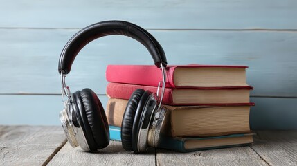 Antique Books And Headphones On Wooden Table With Blue Distressed Wall Background