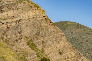 ( Tt ) Topanga Canyon Formation ( bedded sillstone, shale and sandstone). Mugu Canyon Rest Area, California State Route 1,  Pacific Coast Highway. Santa Monica Mountains, Ventura County.
