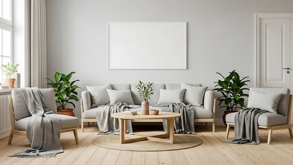 Obraz premium Bright and Cozy Minimalist Living Room Interior with Modern Furniture, Potted Plants, and Blank Frame Mockup