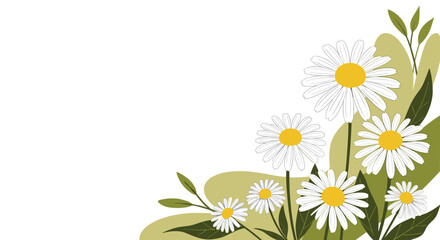 Fototapeta premium A beautiful corner frame decoration made of white and yellow daisy flowers with green leaves against a soft, abstract green background.