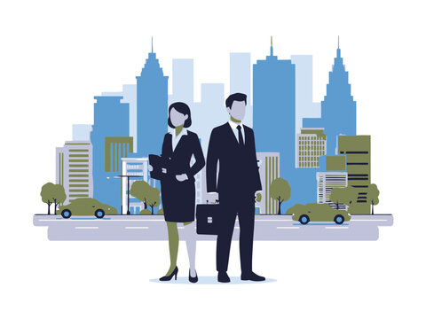 Illustration of professional business people in formal attire standing in city park against modern skyline background - Powered by Adobe