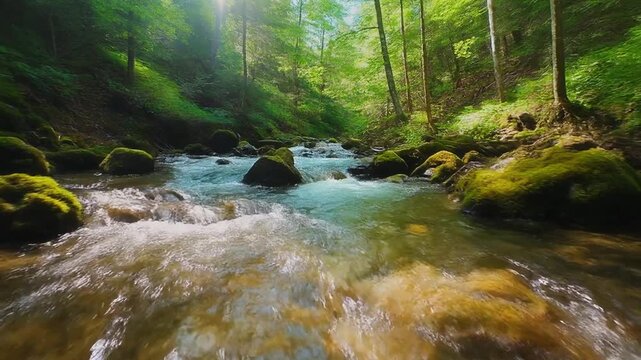 清流の上を低空飛行する視点