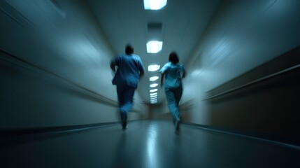 Two healthcare professionals hurriedly running down a hospital corridor, showcasing urgency and dedication in a medical environment.