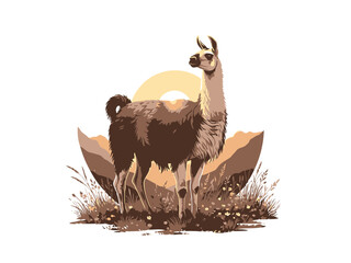 Obraz premium Stylized llama standing on rocky terrain with sunset or sunrise background in a detailed digital illustration