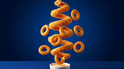 Defying Gravity Cascade of Crispy Onion Rings Frozen in Mid-Air on a Cobalt Blue Background