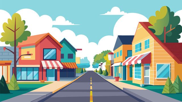 Colorful small town street scene with vibrant shops and sunny suburban neighborhood