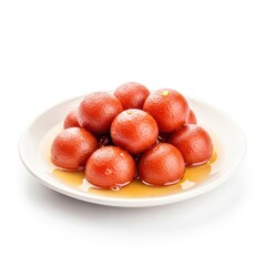 Gulab jamun isolated on white background, a popular indian dessert, featuring deepfried milk balls soaked in a sugary syrup, served on a plate