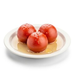 Three gulab jamun, a popular indian dessert, are arranged on a white plate, isolated on white background the sweet treats are glistening