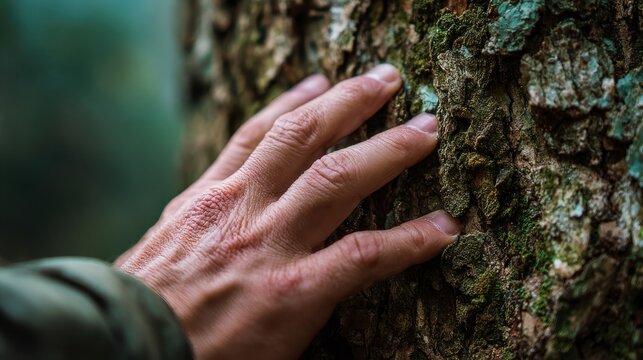 A close-up of a hand gently touching the bark of a tree, symbolizing connection to nature and the beauty of the natural world.