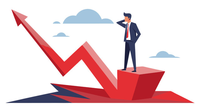 Businessman standing on red arrow graph looking ahead