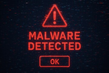 Malware detected warning message with a glitch effect and ok button malware detected warning.