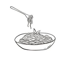 Outline illustration of pasta with fork. Spaghetti plate sketch. Lunch hand drawn doodle line art