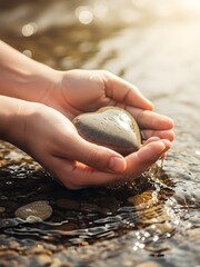 hands holding heart, Cupped hands hold a stone heart shape with a background of shallow water and pebbles. Symbol of love, care and nature connection. Gentle gesture offering support or deep affection
