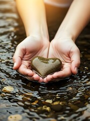 hands holding heart, Cupped hands hold a stone heart shape with a background of shallow water and pebbles. Symbol of love, care and nature connection. Gentle gesture offering support or deep affection
