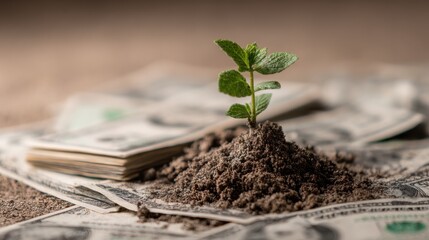 A small green plant emerging from soil on a pile of money, symbolizing growth and prosperity in finance and investment.