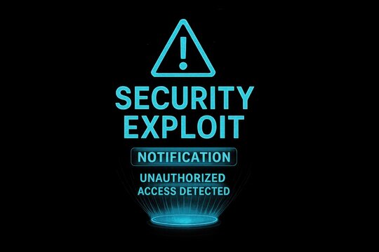 Security exploit notification, unauthorized access detected warning, cyber threat alert, digital.