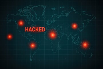 Global cyber attacks alert: world map shows compromised zones with red hotspots and 'hacked' status.