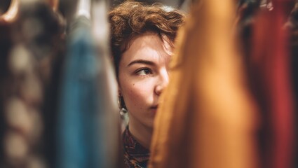 A young person exploring fashion choices in a colorful clothing rack, showcasing individuality and style.