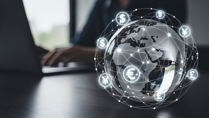 Global Economy Man works with digital currency icons and world globe.