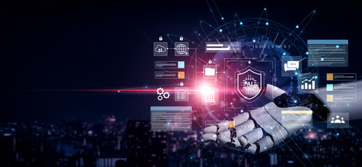 A futuristic robotic hand showcases digital technology and security concepts with vibrant glowing interfaces, set against a nighttime urban skyline, conveying innovation and connectivity. Gantry