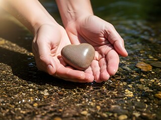 hands holding heart, Cupped hands hold a stone heart shape with a background of shallow water and pebbles. Symbol of love, care and nature connection. Gentle gesture offering support or deep affection