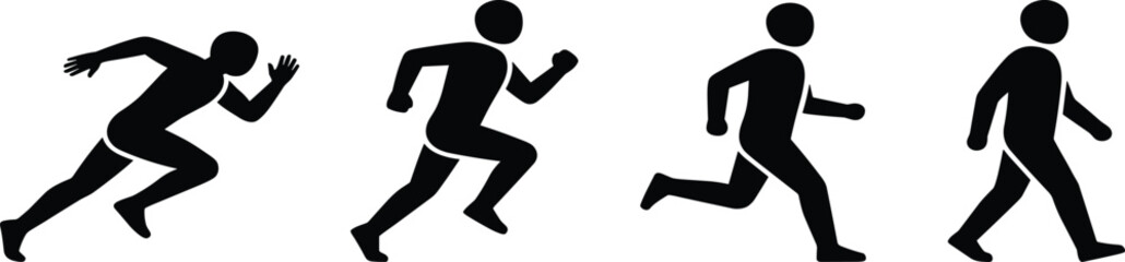 Running silhouette sequence, sprinting to walking, athletic motion, human movement, black figure, sports training, dynamic pose, fitness, 