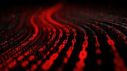 Dynamic visualization of flowing binary data represented in vibrant red against a dark background, perfect for tech-related concepts.