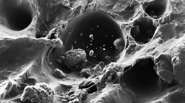 Detailed microscopic view of cellular structures showcasing intricate patterns and textures in black and white.