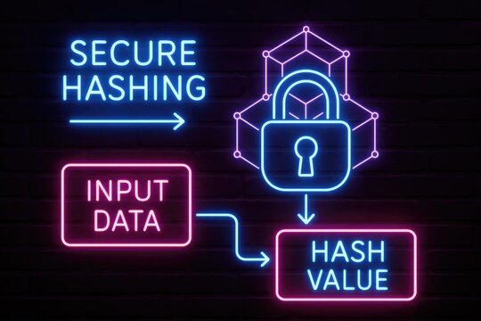 Secure hashing explained with neon lights, data security, encryption, algorithm neon secure.